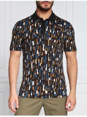 2025 BOSS Orange slim-fit polo shirt all-over multicolored paint stroke black XL